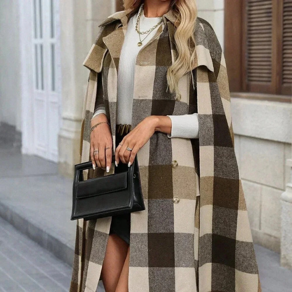 Multicolor Casual Women's Elegant Plaid Wool Shawl Collar Coat - Picture 4 of 7